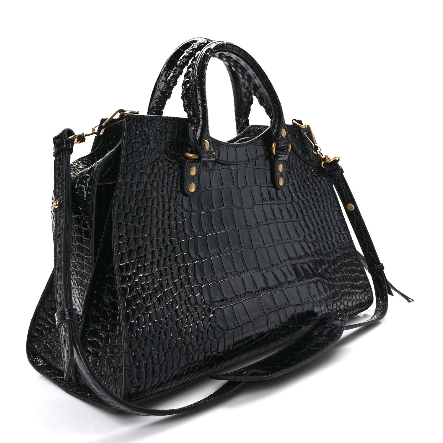 Balenciaga Shiny Supple Calfskin Crocodile Embossed Brass Hardware Neo Classic City Black 3 of 8