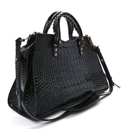 Balenciaga Shiny Supple Calfskin Crocodile Embossed Brass Hardware Neo Classic City Black 3 of 8