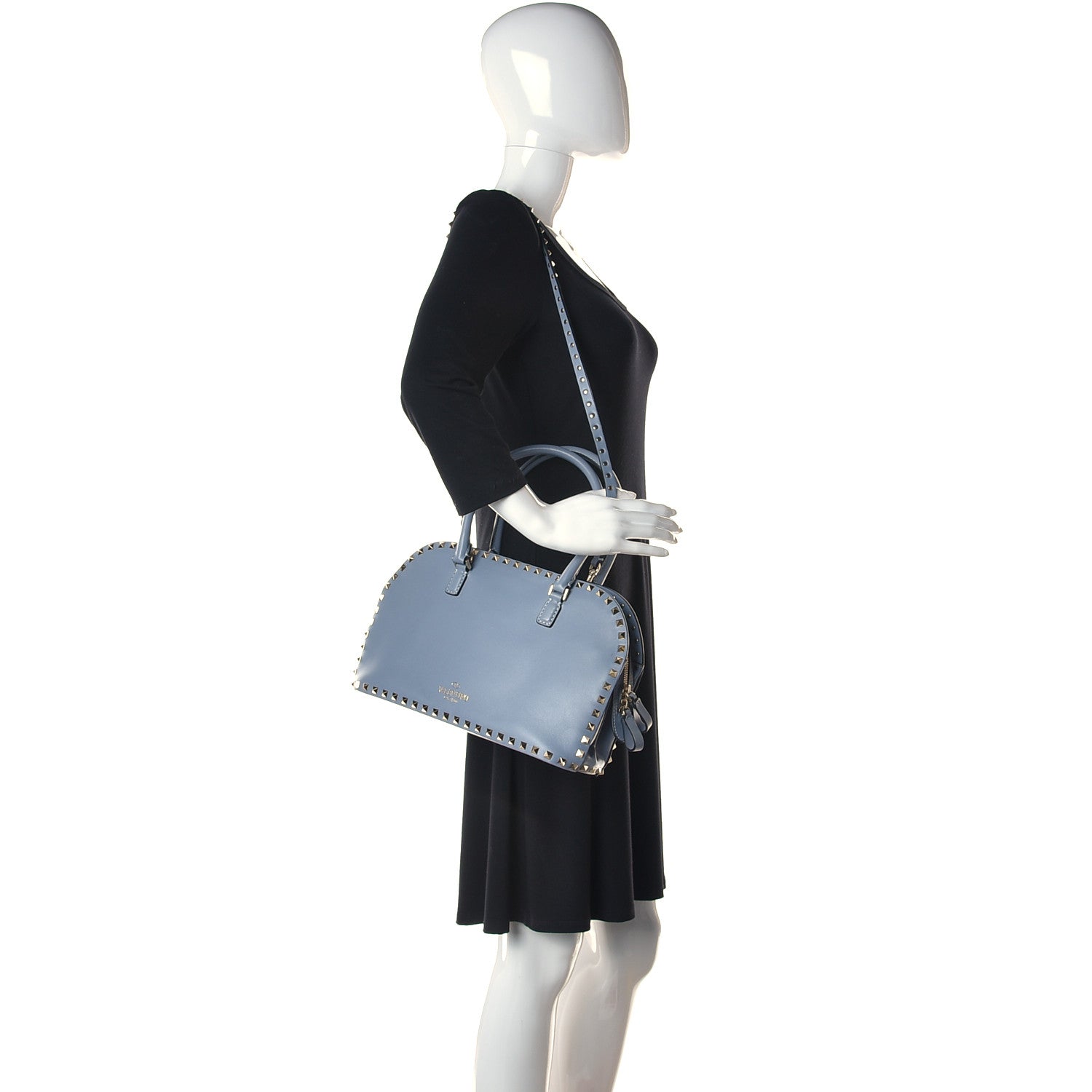 Valentino Garavani Vitello Rockstud Double Handle Satchel Grey Blue 2 of 9
