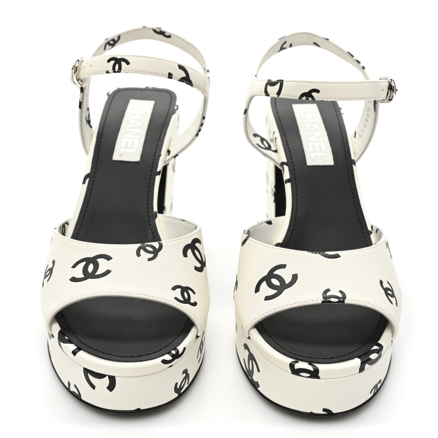 Printed Lambskin CC Platform Sandals 41 White Black