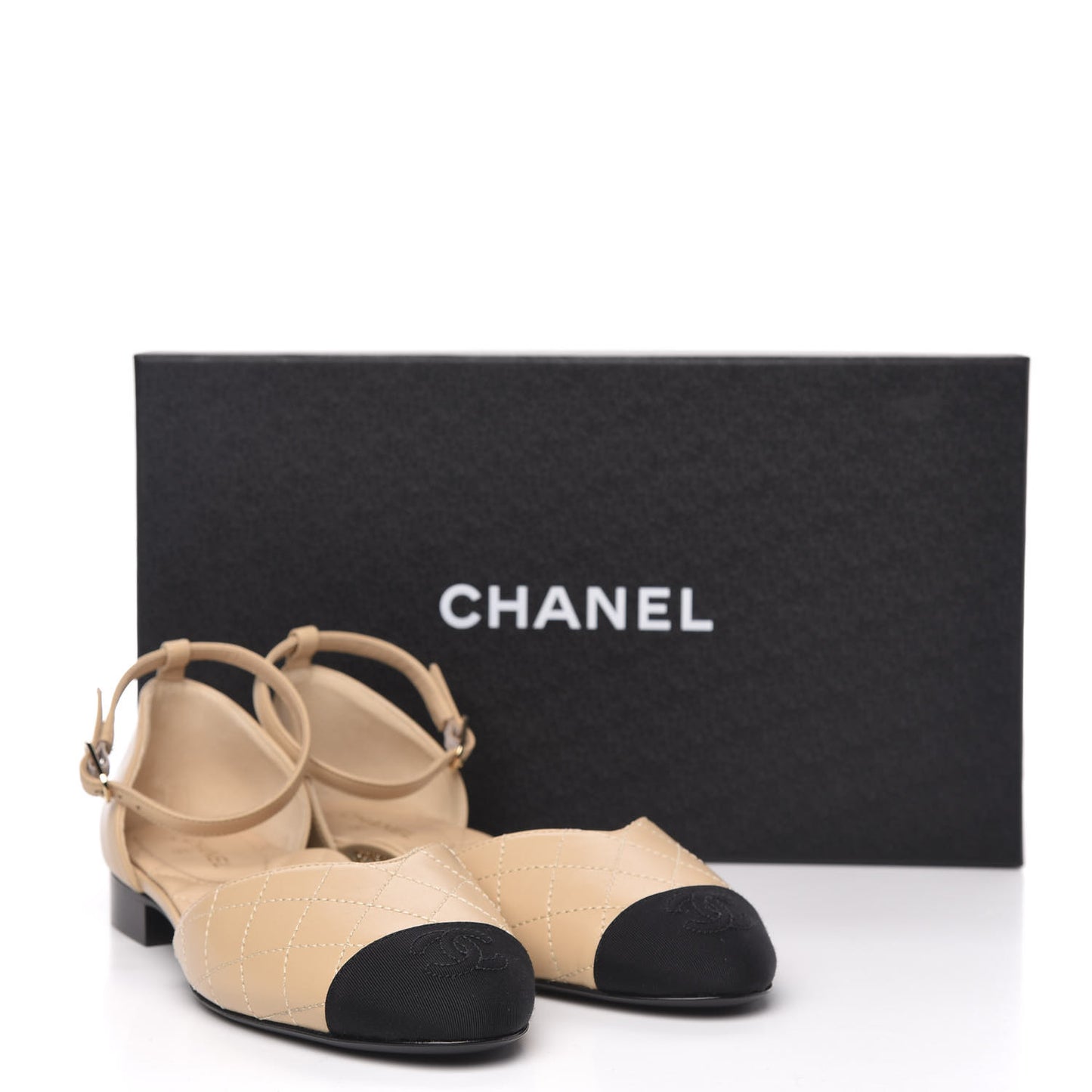 Lambskin Grosgrain Cap Toe CC Ankle Strap Sandals 37 Beige Black