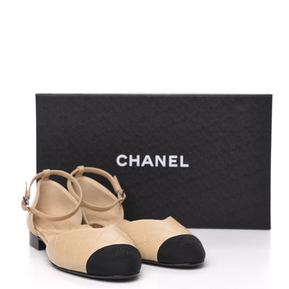 Chanel Lambskin Grosgrain Cap Toe CC Ankle Strap Sandals 37 Beige Black 10 of 10