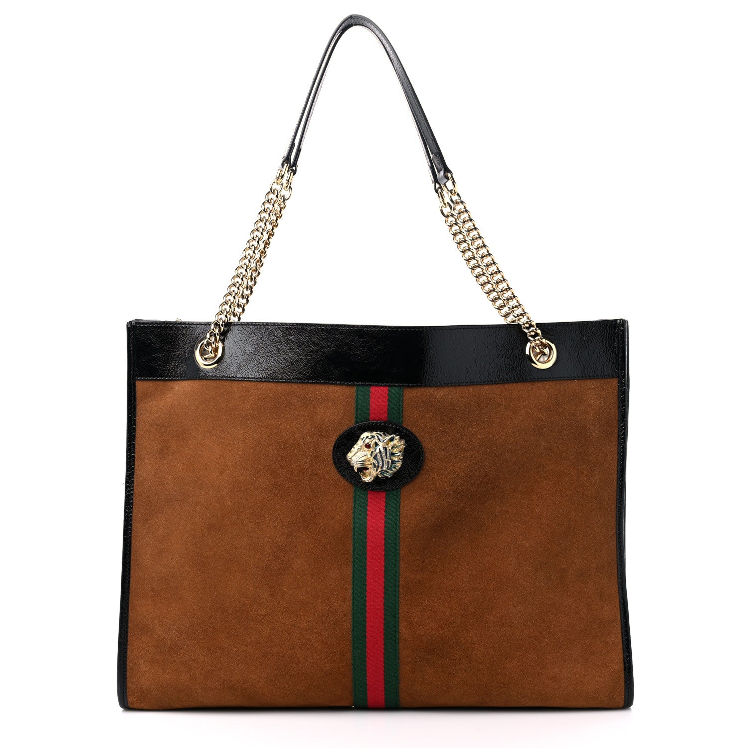 Gucci Suede Patent Large Rajah Chain Tote Nocciola Black 3 of 11