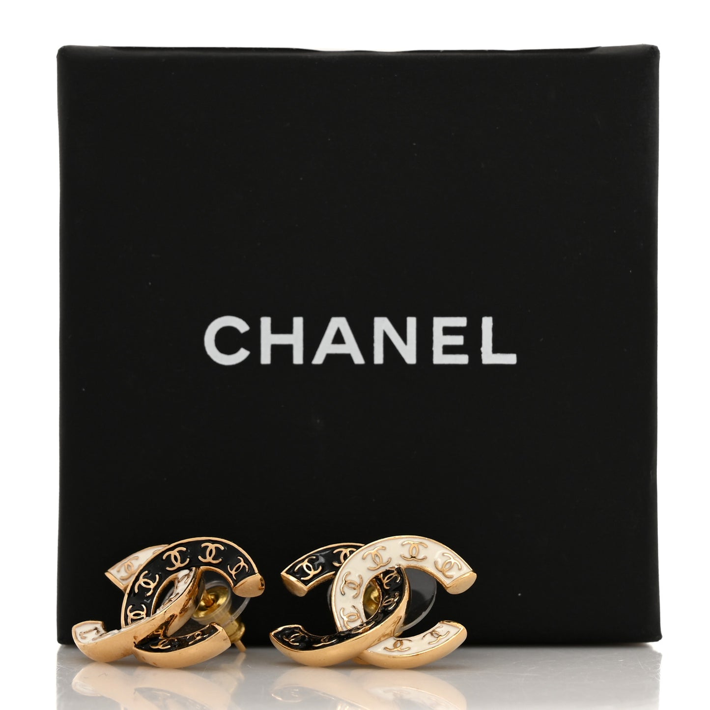 Enamel CC Logo Earrings Gold Black White