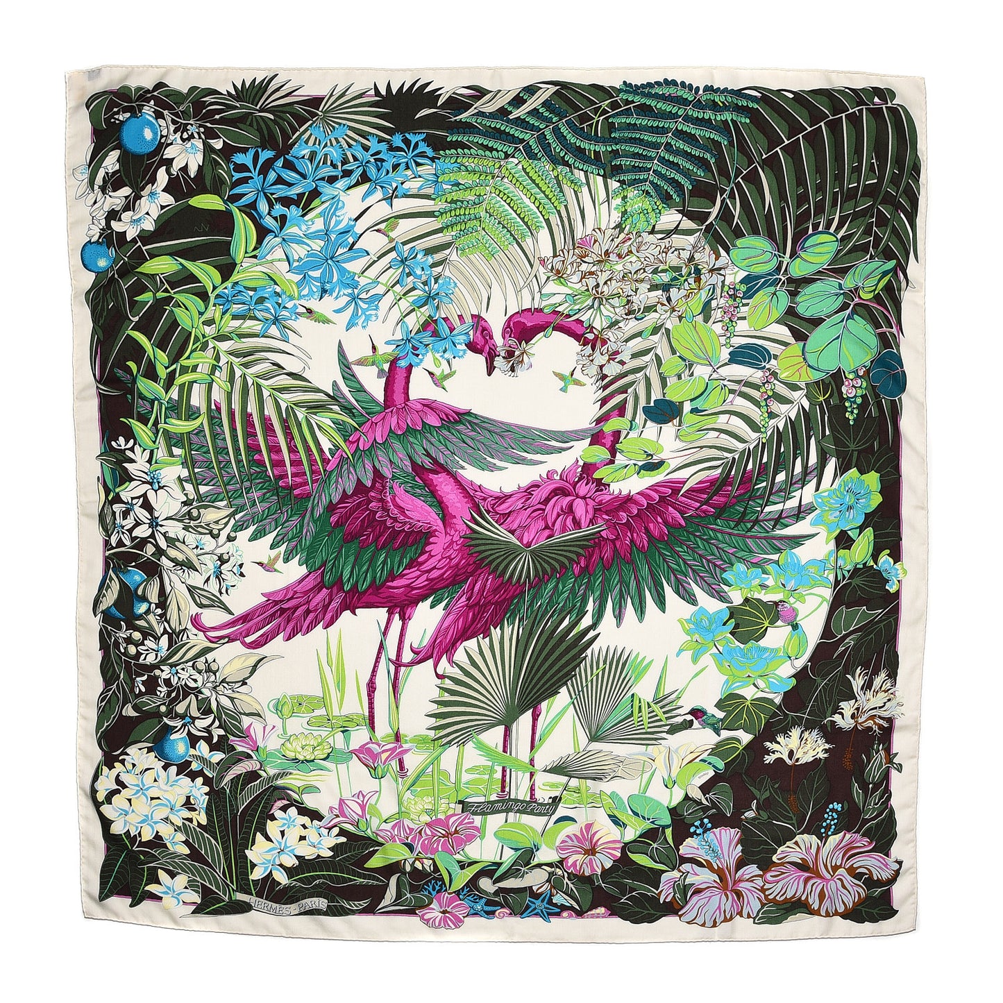 Cashmere Silk Flamingo Party Shawl 140 Blanc Vert Fuchsia