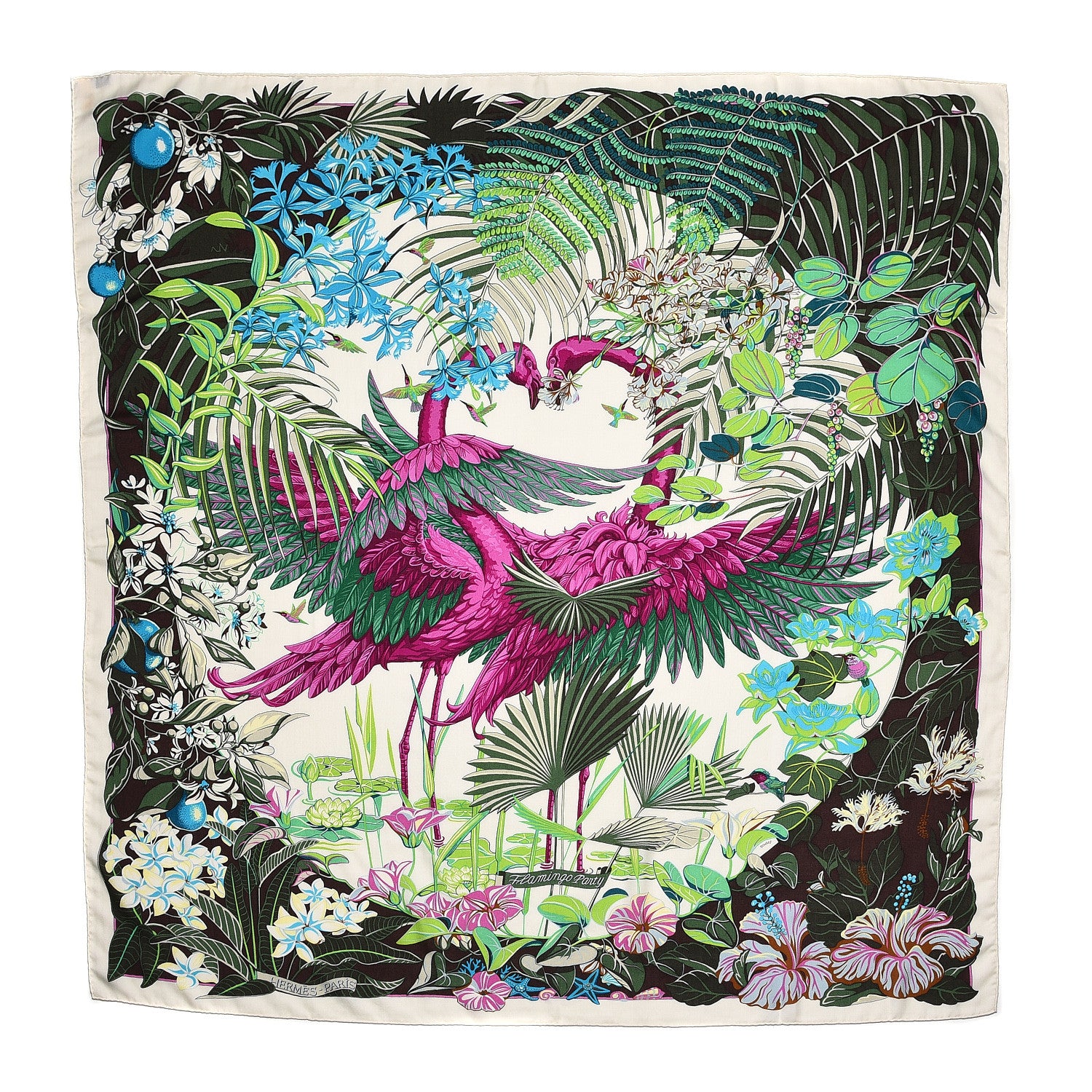 Hermes Cashmere Silk Flamingo Party Shawl 140 Blanc Vert Fuchsia 1 of 4