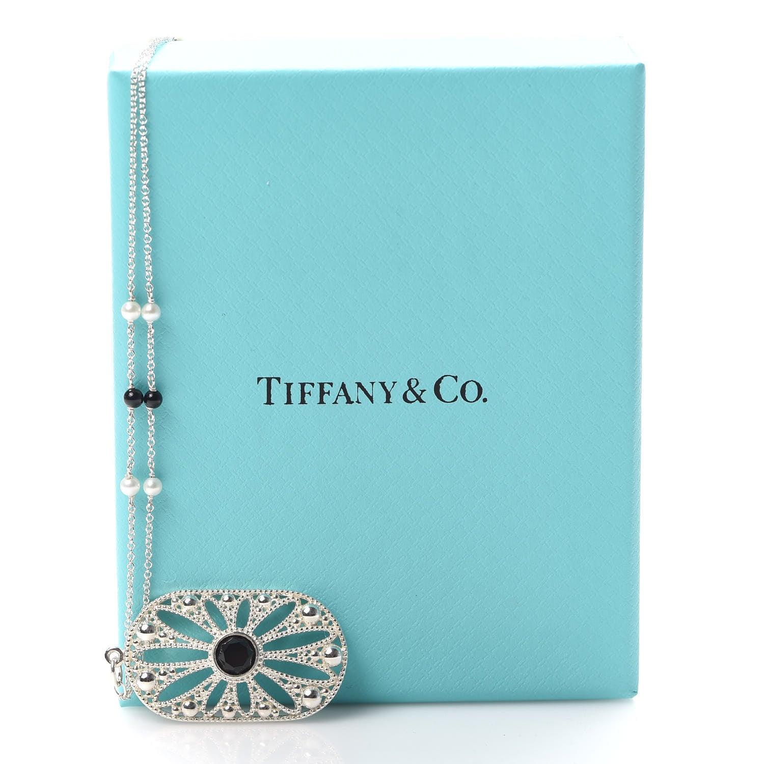 Tiffany Sterling Silver Black Onyx Pearl Ziegfeld Daisy Pendant Necklace 7 of 7