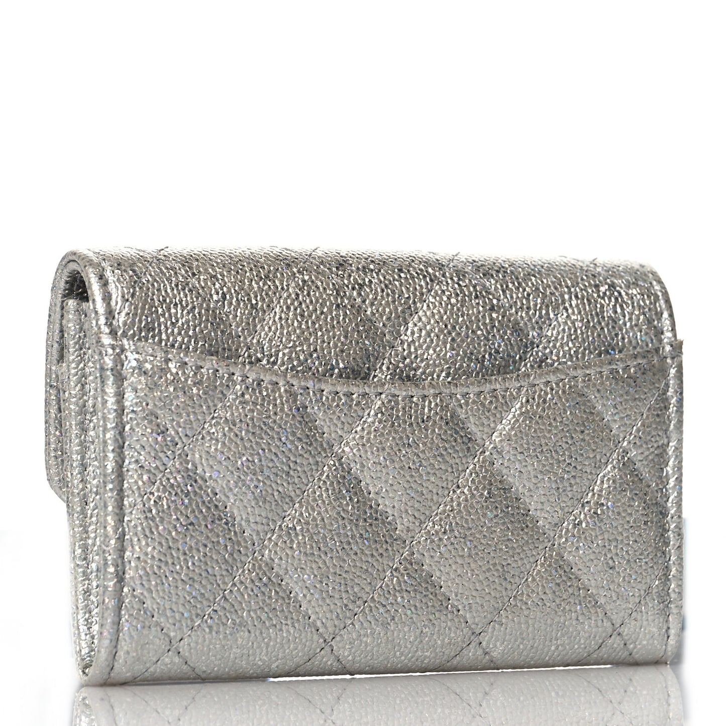 Glittered Metallic Caviar Quilted Flap Card Holder Wallet Silver