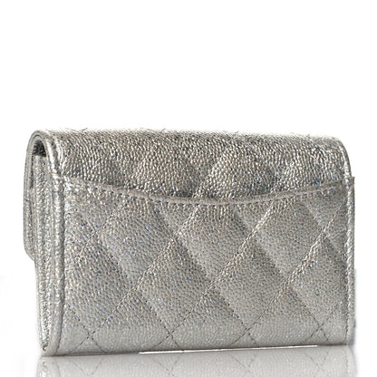 Chanel Glittered Metallic Caviar Quilted Flap Card Holder Wallet Silver 3 of 9