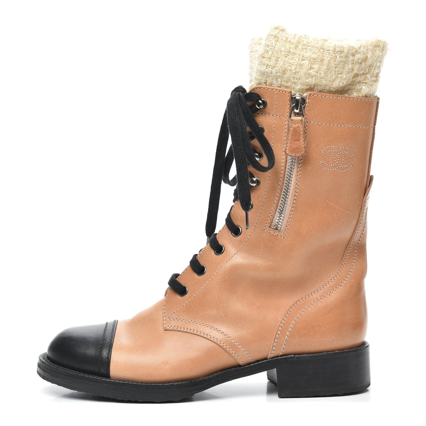 Calfskin Tweed Lace Up Combat Boots 38.5 Beige Black