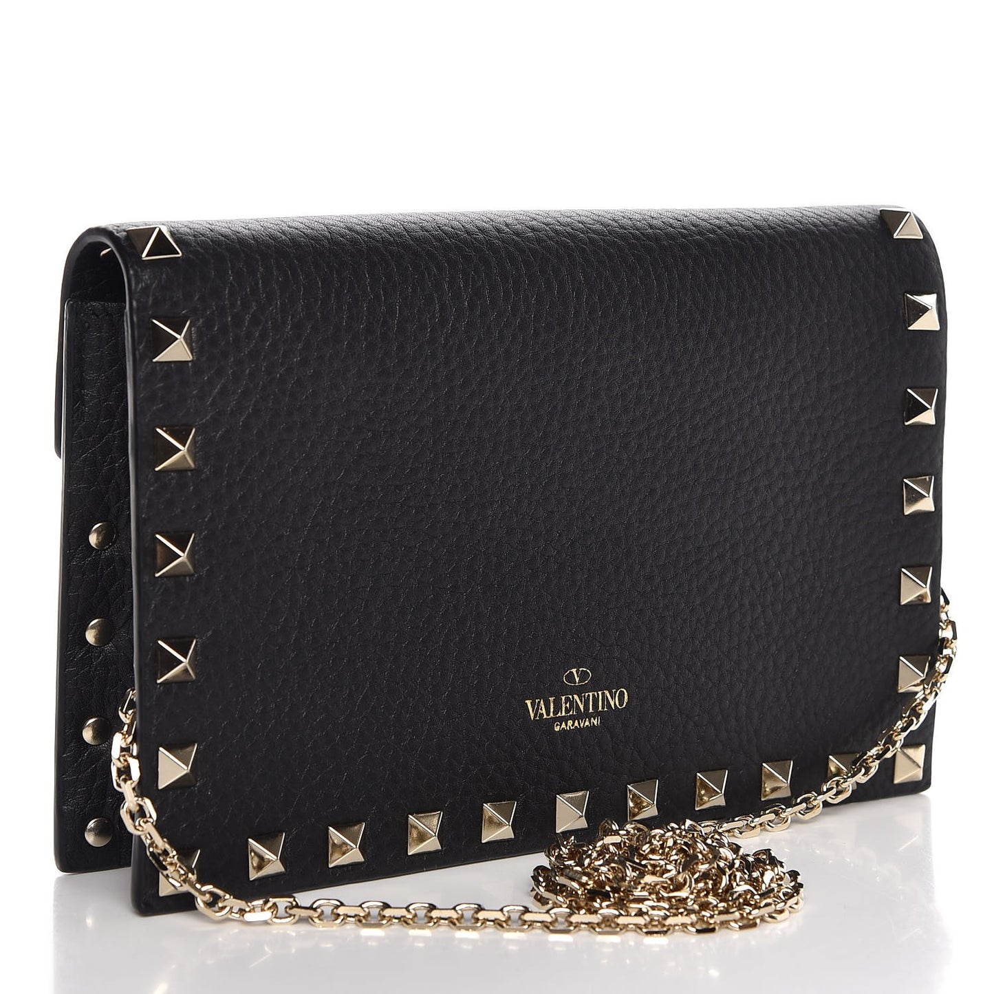 Pebbled Calfskin Rockstud Envelope Wallet on Chain Black