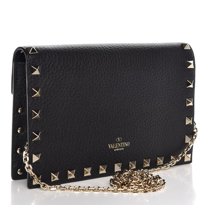 Valentino Garavani Pebbled Calfskin Rockstud Envelope Wallet on Chain Black 3 of 6