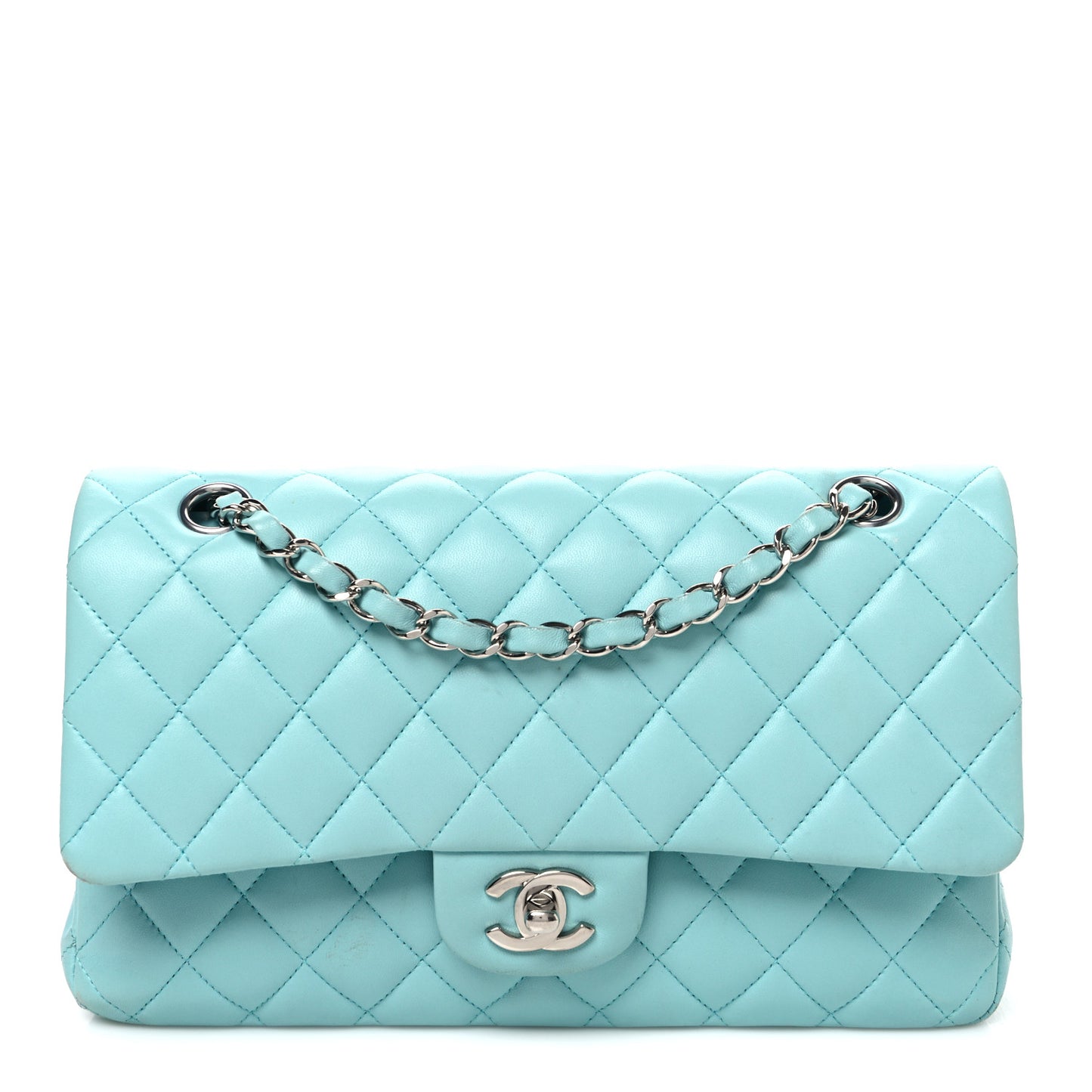 Lambskin Quilted Medium Double Flap Light Blue