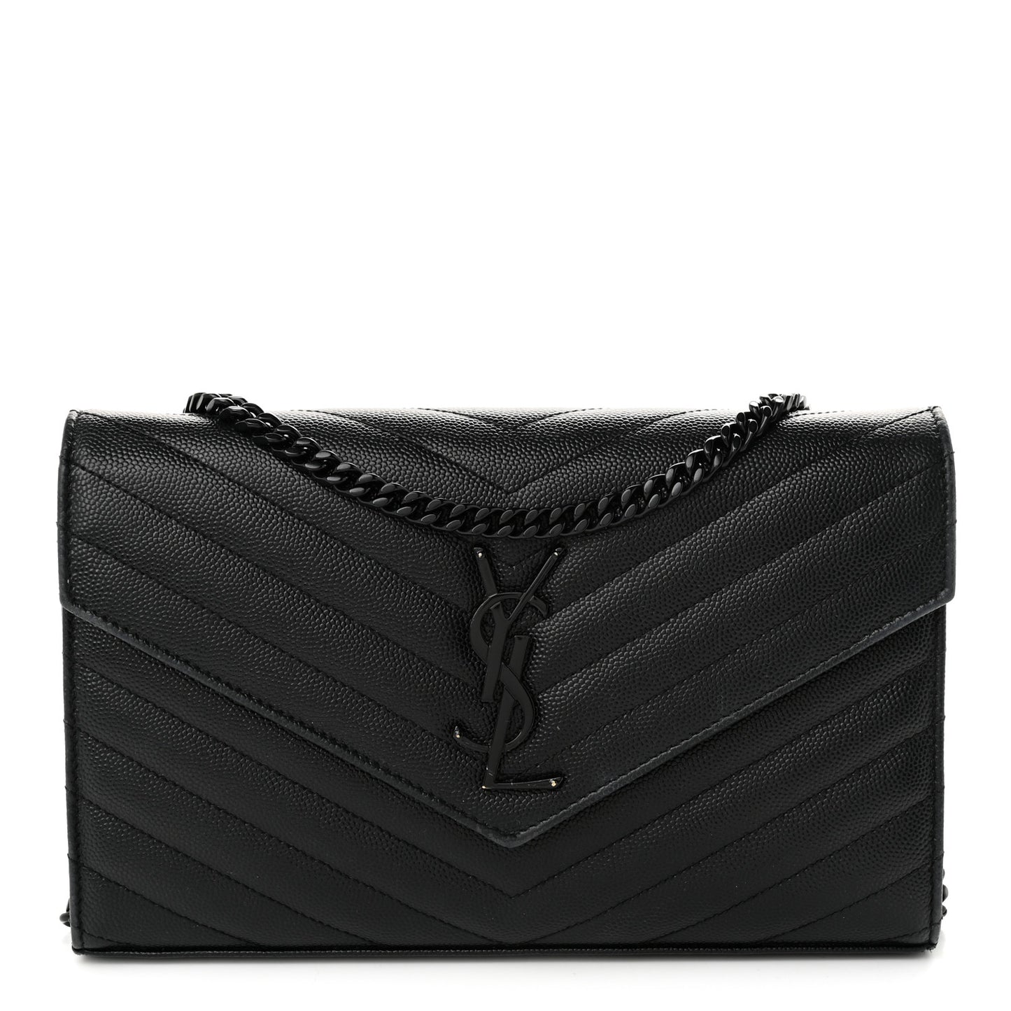 Grain De Poudre Matelasse Chevron Monogram Monochrome Envelope Chain Wallet Black