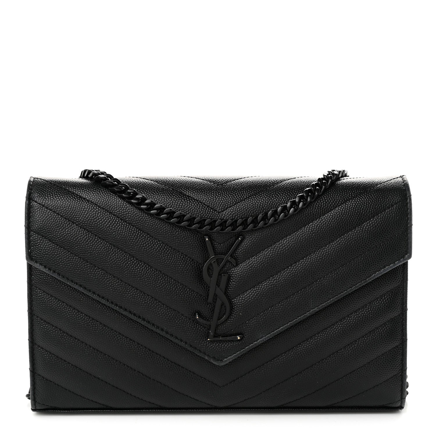 Saint Laurent Grain De Poudre Matelasse Chevron Monogram Monochrome Envelope Chain Wallet Black 1 of 10