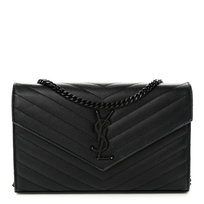 Saint Laurent Grain De Poudre Matelasse Chevron Monogram Monochrome Envelope Chain Wallet Black 1 of 10