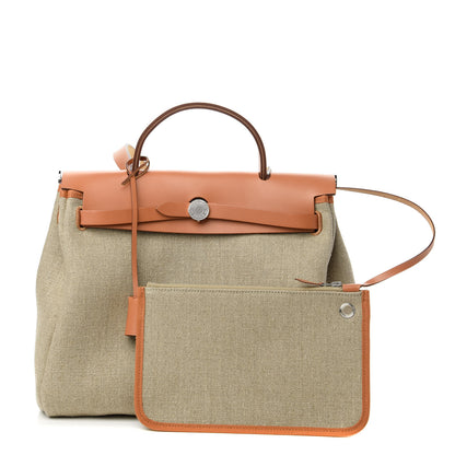 Hermes Military Toile Vache Hunter Herbag Zip Retourne 31 PM Beton Naturel 1 of 10