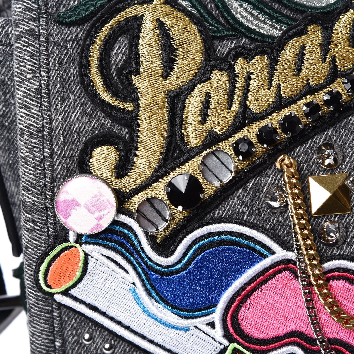 Denim Patchwork Paradise Biker Courier Bag Black