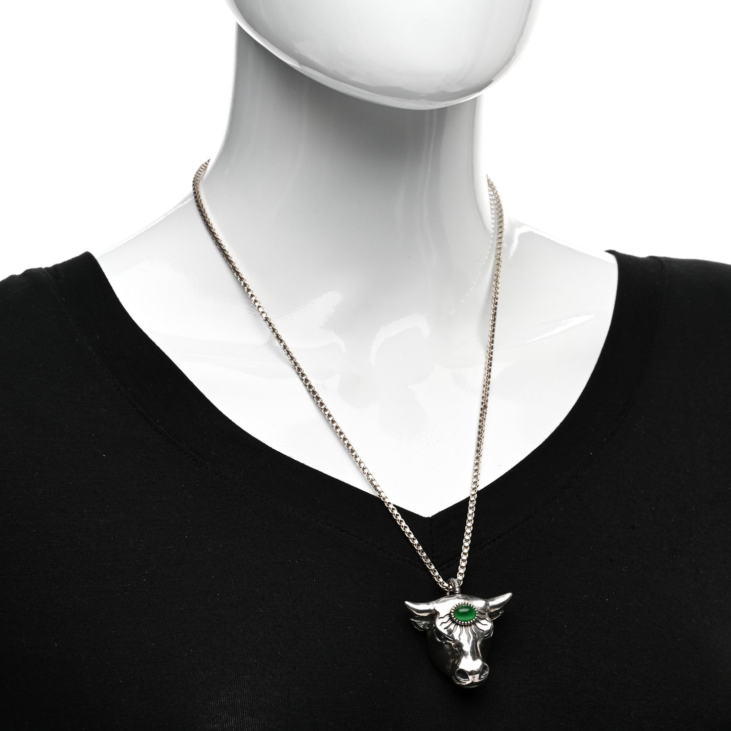 Sterling Silver Glass Anger Forest Bull Head Necklace Green