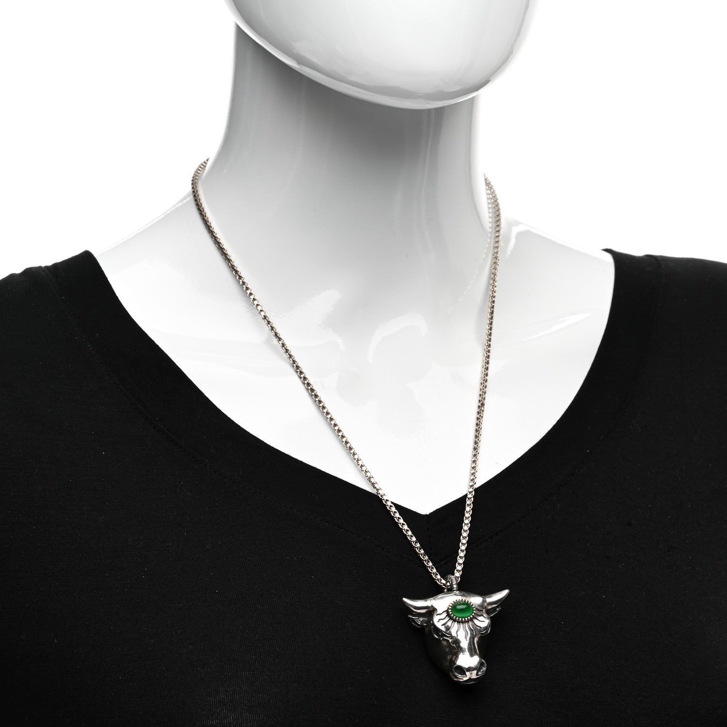 Gucci Sterling Silver Glass Anger Forest Bull Head Necklace Green 2 of 4