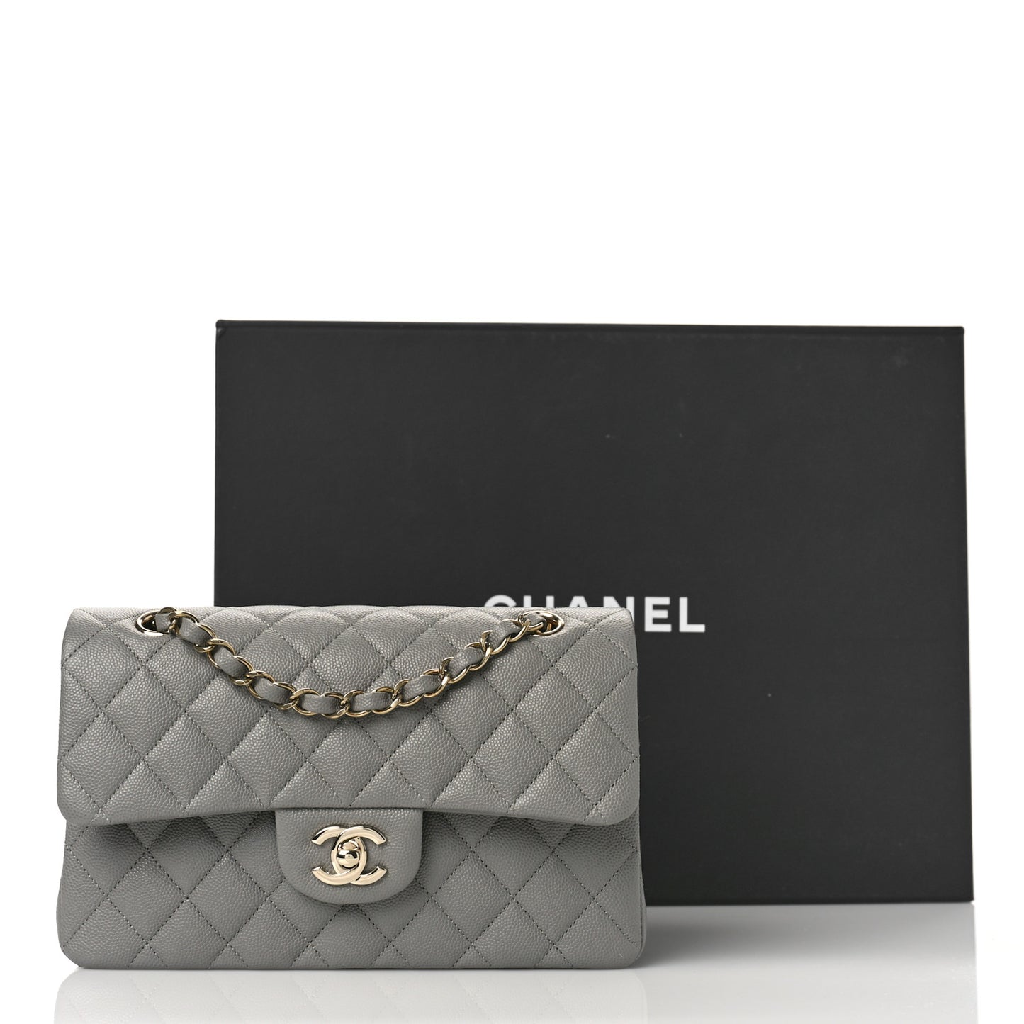Caviar Quilted Small Double Flap Grey