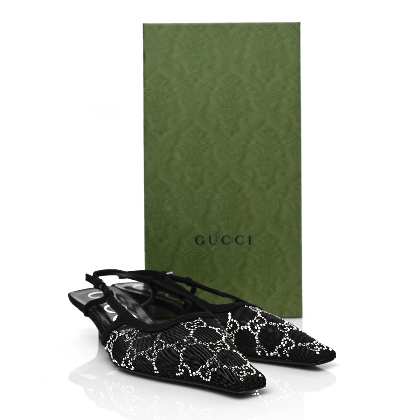 Tela Retino Kid Scamosciato Crystal GG Monogram Square G 35mm Slingback Pumps 37.5 Black