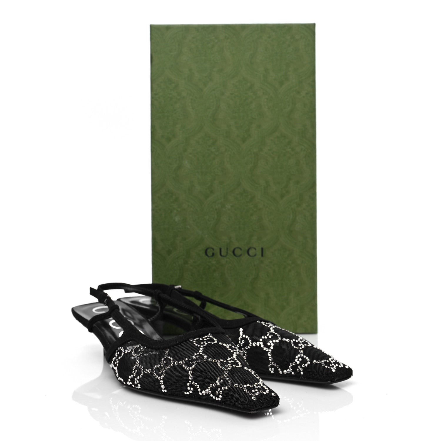 Gucci Tela Retino Kid Scamosciato Crystal GG Monogram Square G 35mm Slingback Pumps 37.5 Black 9 of 9