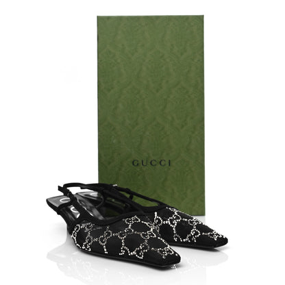 Gucci Tela Retino Kid Scamosciato Crystal GG Monogram Square G 35mm Slingback Pumps 37.5 Black 9 of 9
