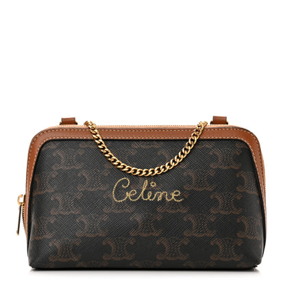 Celine Lambskin Triomphe Canvas Embroidered Logo Clutch With Chain Tan 1 of 11