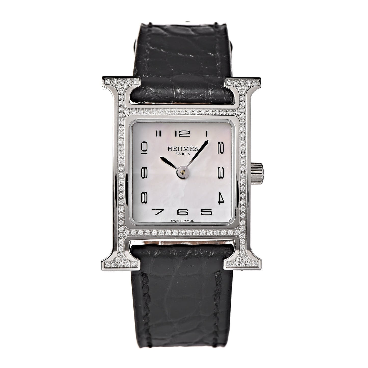 Stainless Steel Alligator Diamond Bezel Mother of Pearl 21mm Heure H Hour Quartz Watch Noir