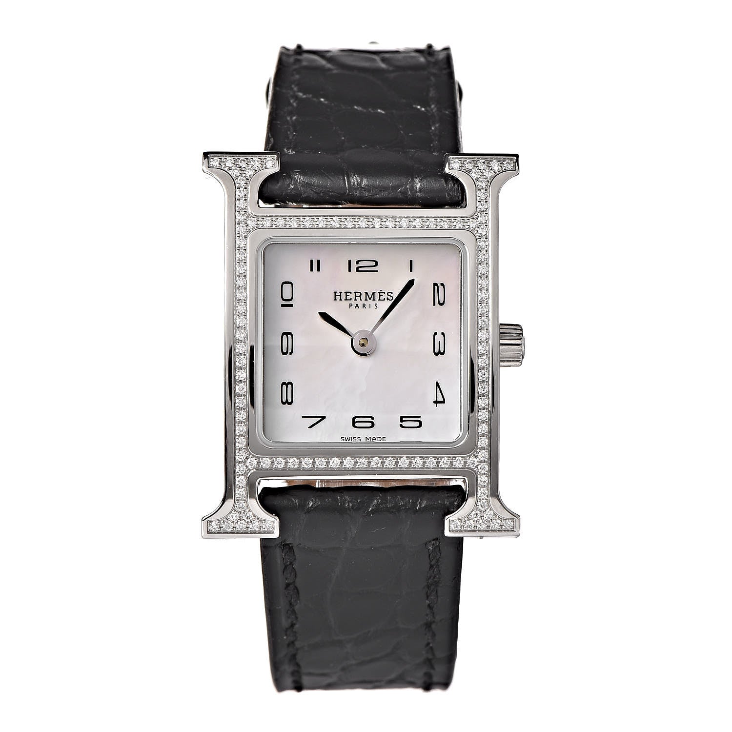Hermes Stainless Steel Alligator Diamond Bezel Mother of Pearl 21mm Heure H Hour Quartz Watch Noir 1 of 8