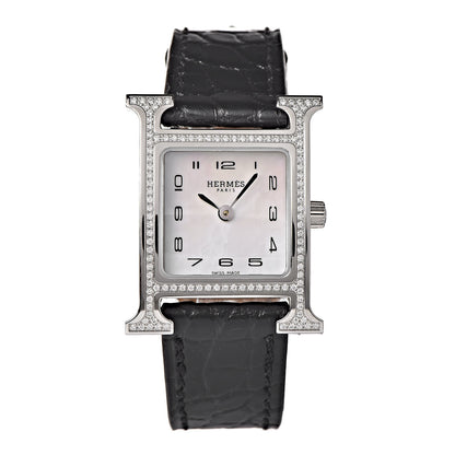 Hermes Stainless Steel Alligator Diamond Bezel Mother of Pearl 21mm Heure H Hour Quartz Watch Noir 1 of 8
