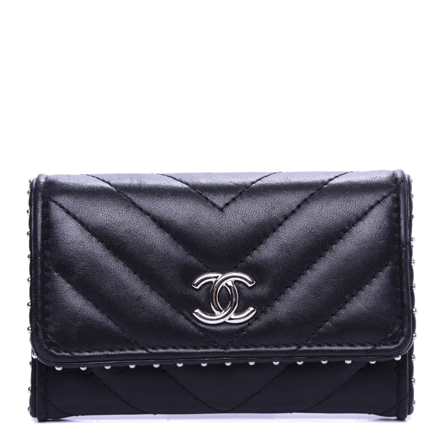 Lambskin Chevron Quilted Studded Card Holder Black