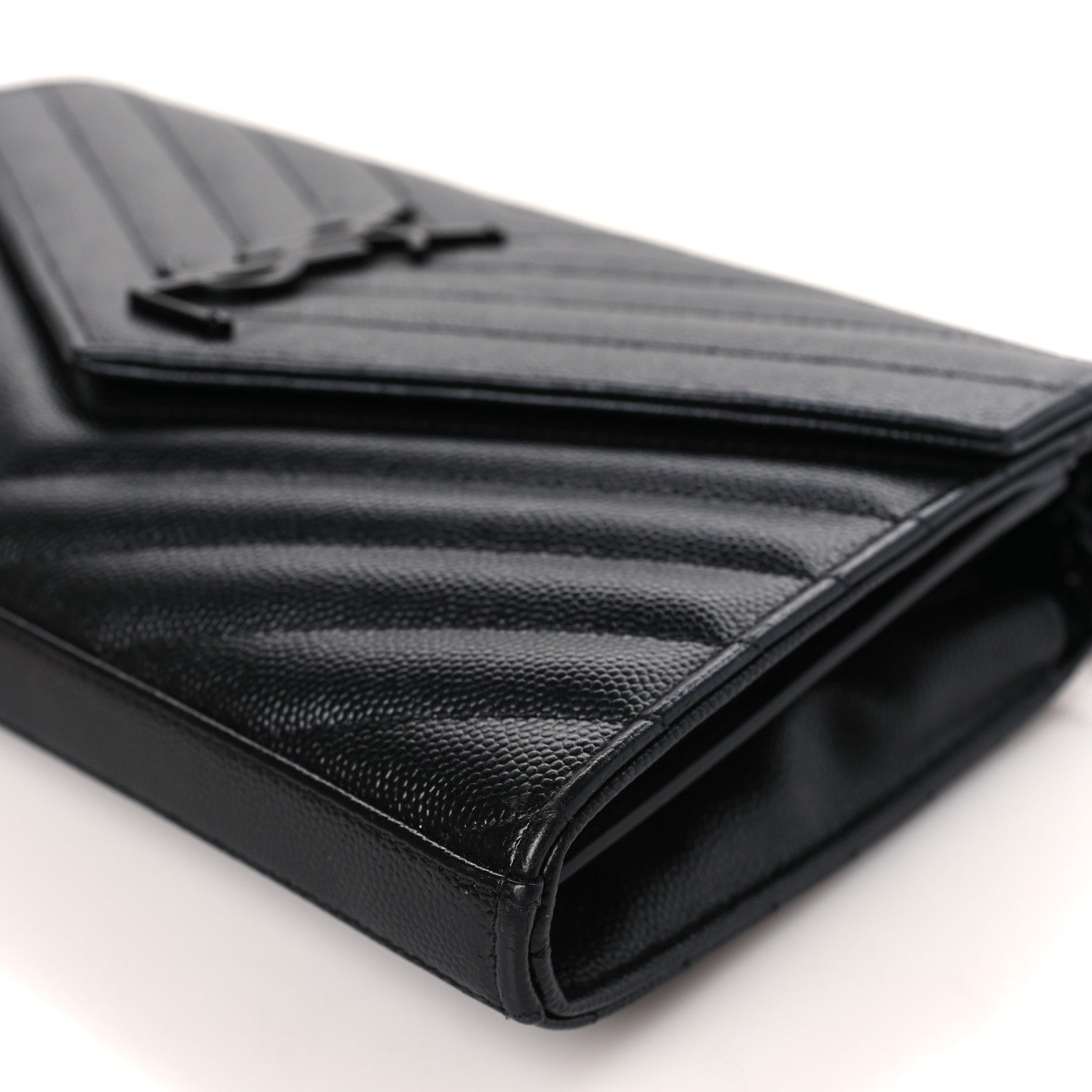 Saint Laurent Grain De Poudre Matelasse Chevron Monogram Monochrome Chain Wallet Black 10 of 10