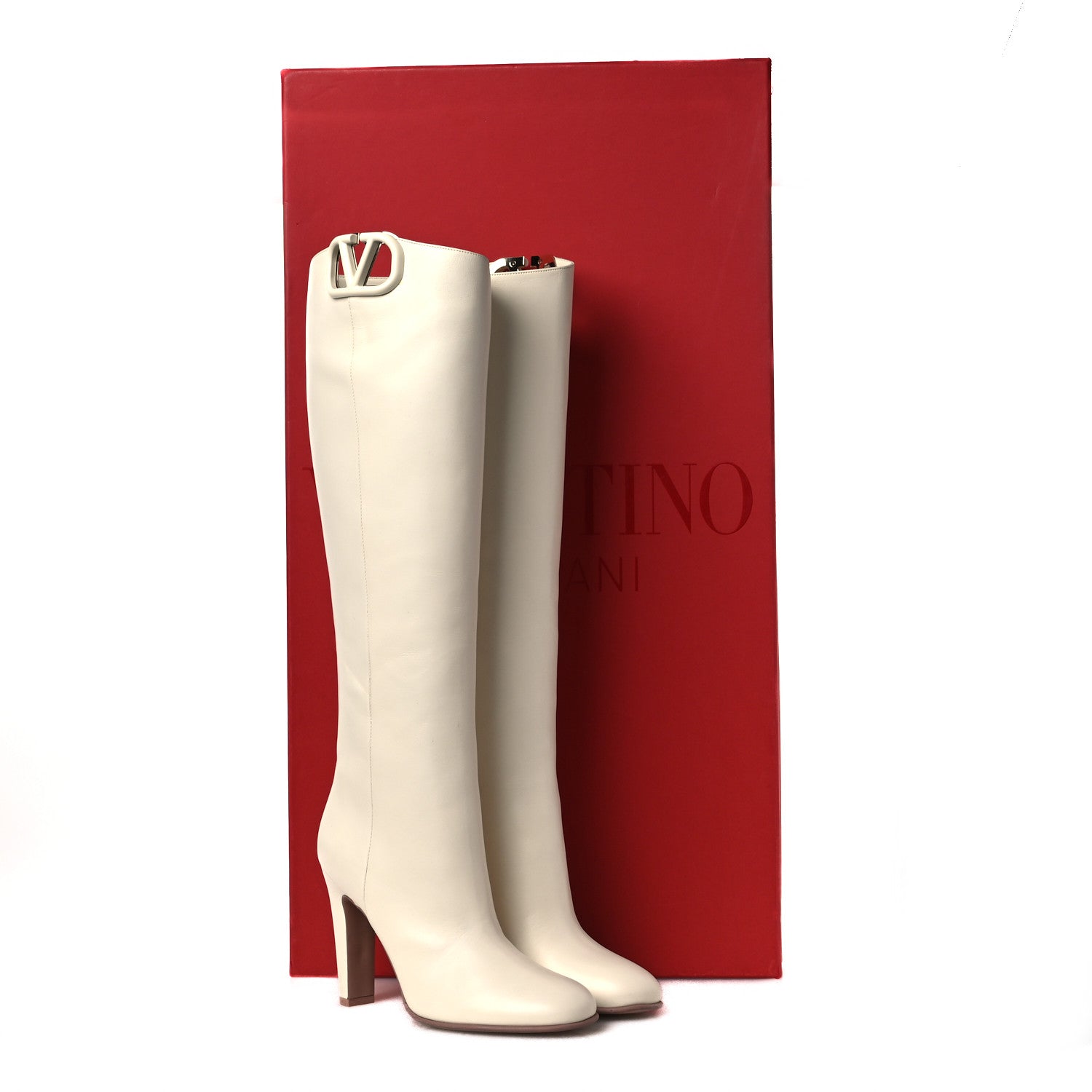 Valentino Garavani Calfskin Vlogo Knee High 105mm Boots 37 Ivory
