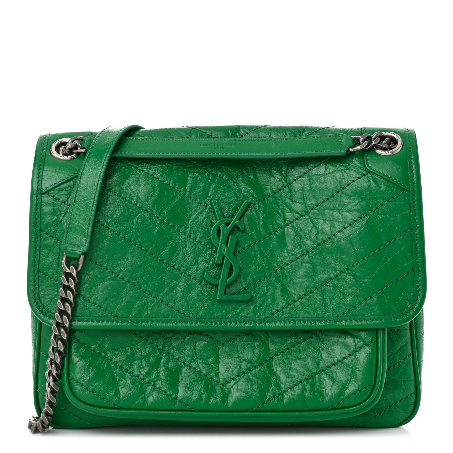 Crinkled Calfskin Matelasse Monogram Medium Niki Chain Satchel New Vert Praire