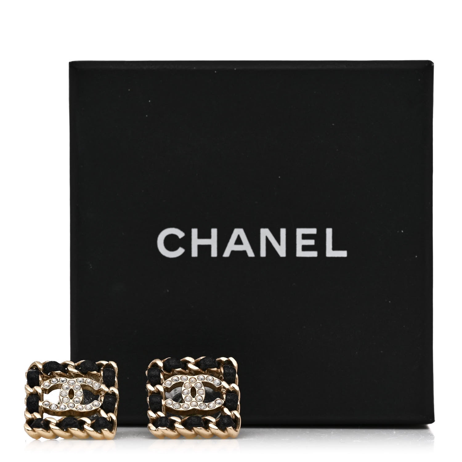 Chanel Crystal Lambskin Chain Sergeant Chanel Stud Earrings Black Gold 5 of 5