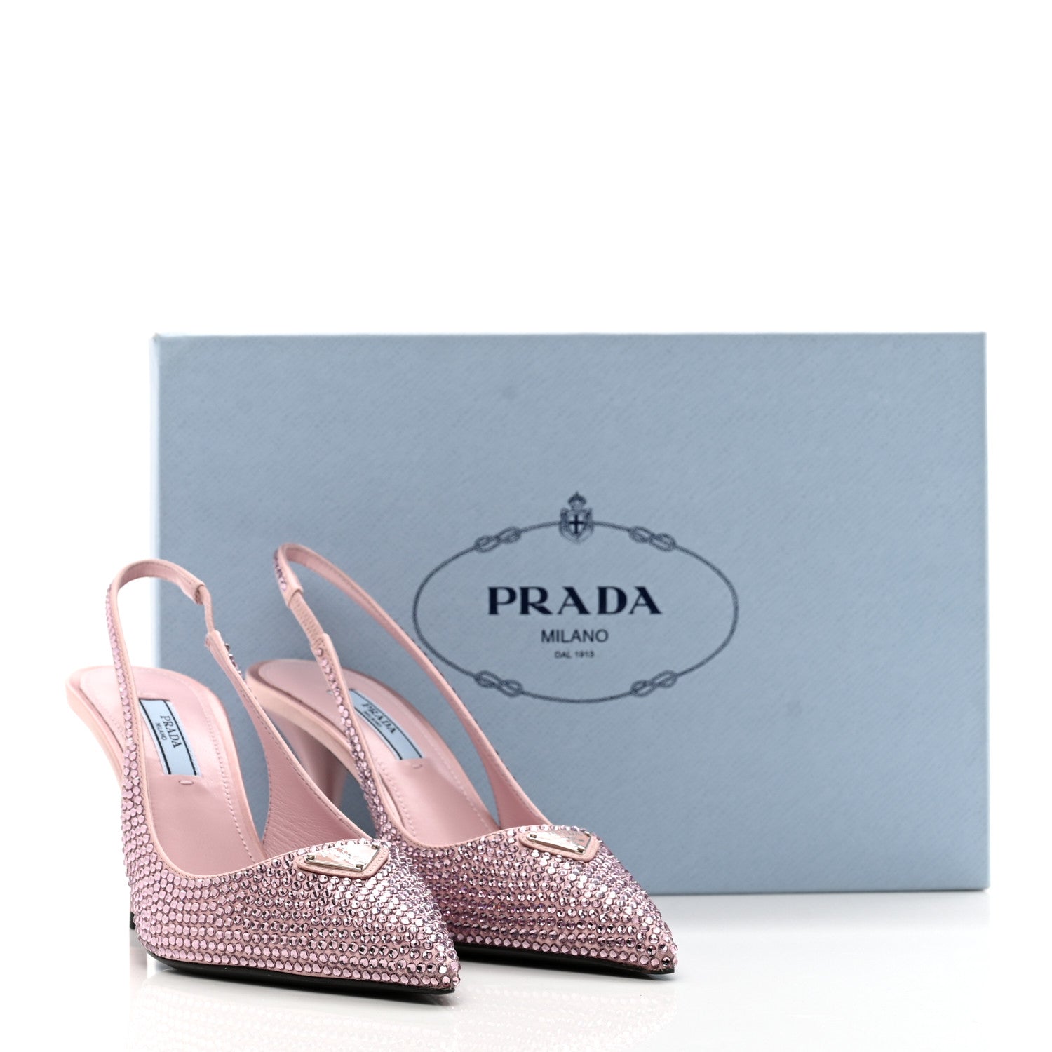 Prada Satin Crystal Triangle Logo 85mm Slingback Pumps 35 Alabastro 8 of 8
