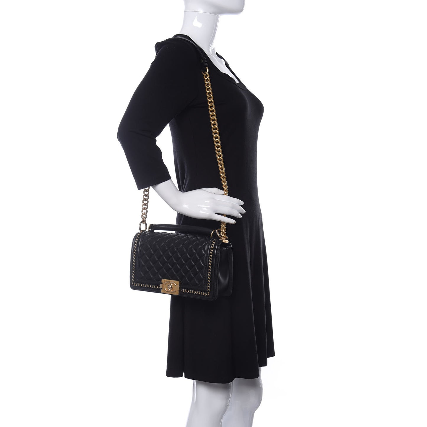 Calfskin Quilted Medium Boy Top Handle Flap Black