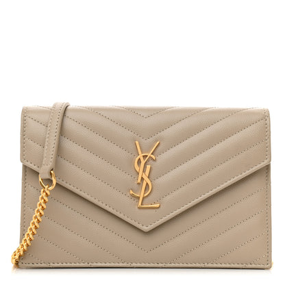 Saint Laurent Grain De Poudre Matelasse Chevron Monogram Envelope Chain Wallet Dark Beige 1 of 8