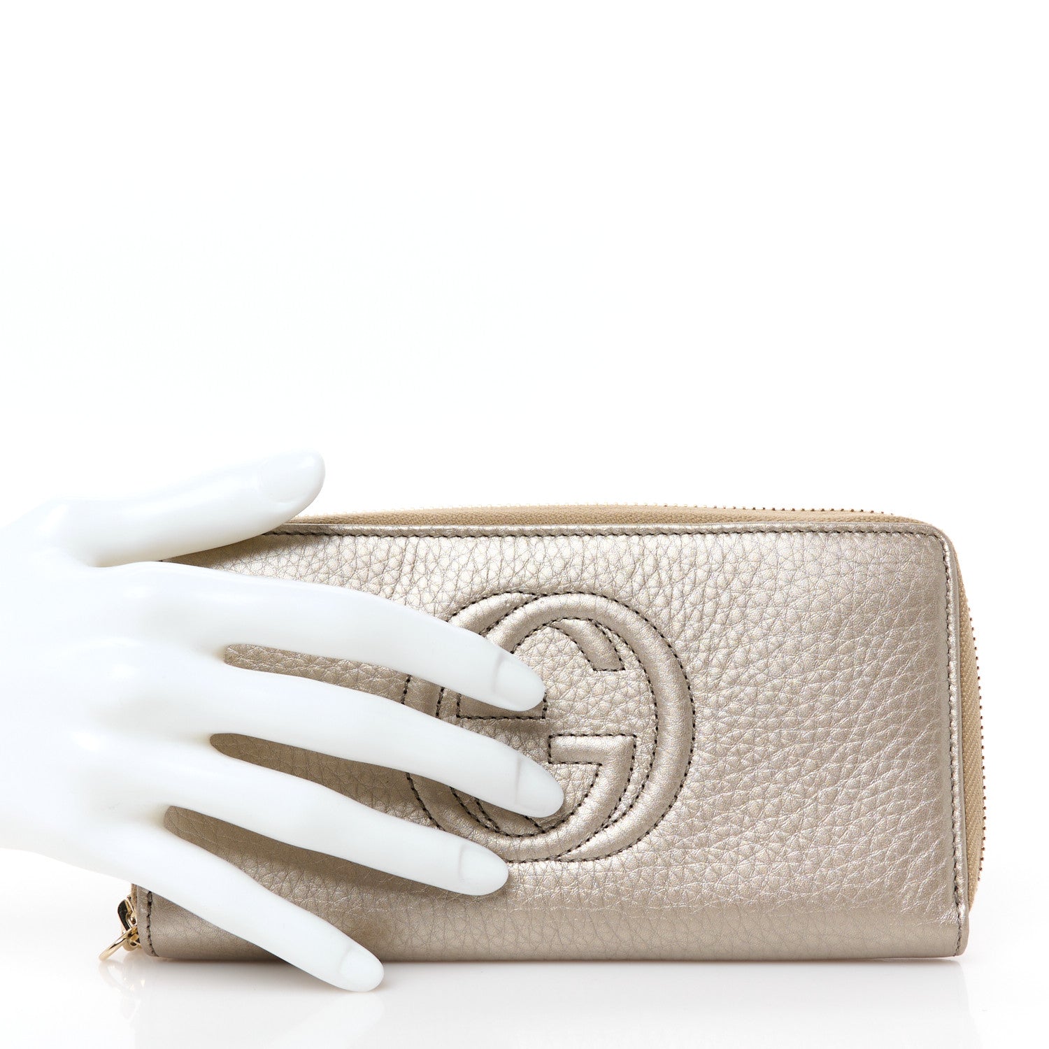 Gucci Metallic Pebbled Calfskin Soho Zip Around Wallet Golden Beige 2 of 8
