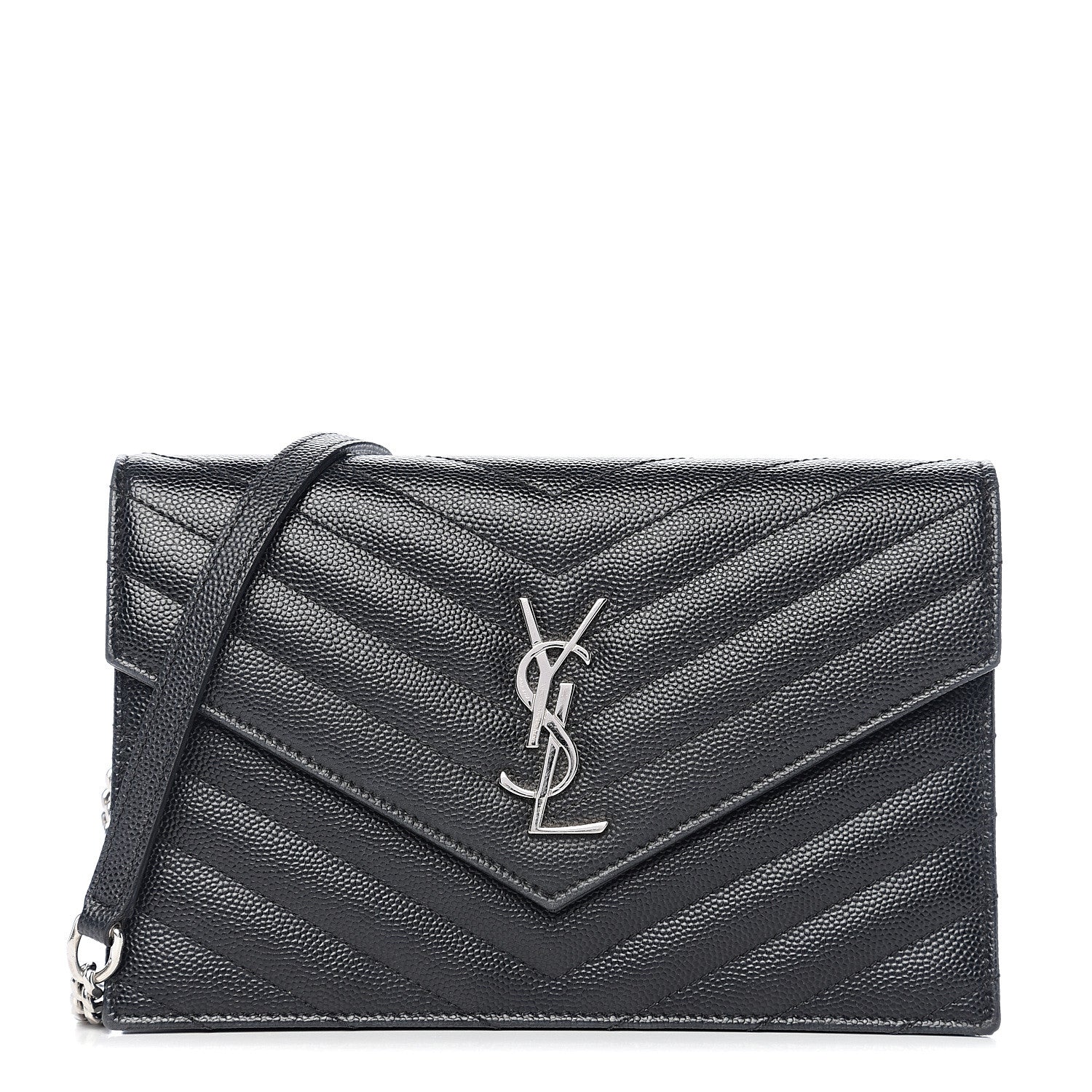Saint Laurent Grain De Poudre Matelasse Chevron Monogram Envelope Chain Wallet Black 1 of 11