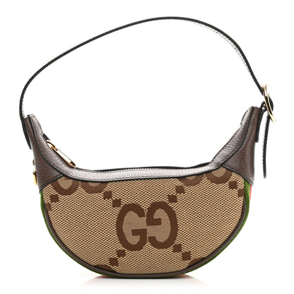Gucci Monogram Jumbo GG Textured Dollar Calfskin Web Mini Ophidia Half Moon Hobo Camel Ebony New Acero 1 of 8
