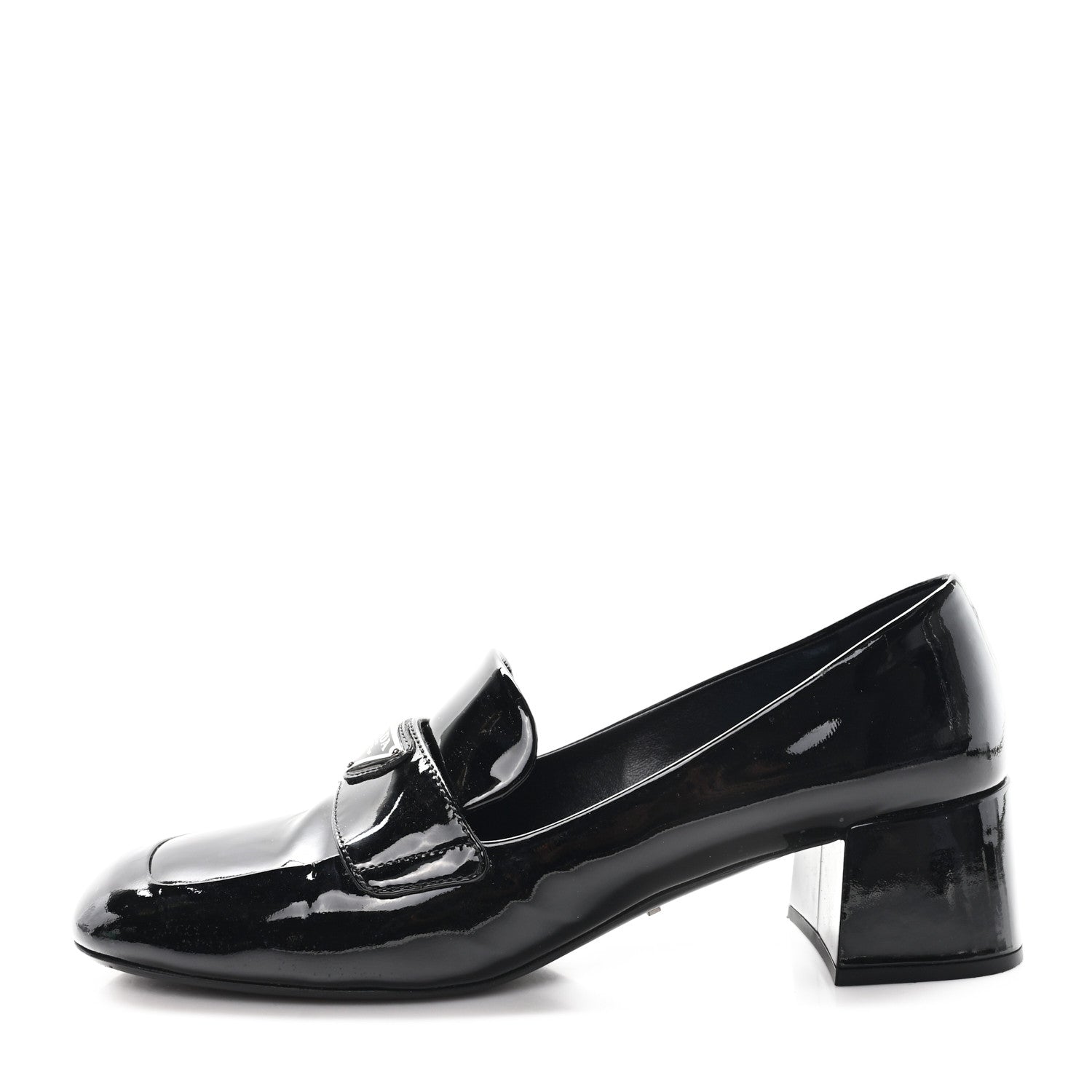 Prada Vernice Metal Triangle Logo 45mm Loafer Pumps 38.5 Black 1 of 10