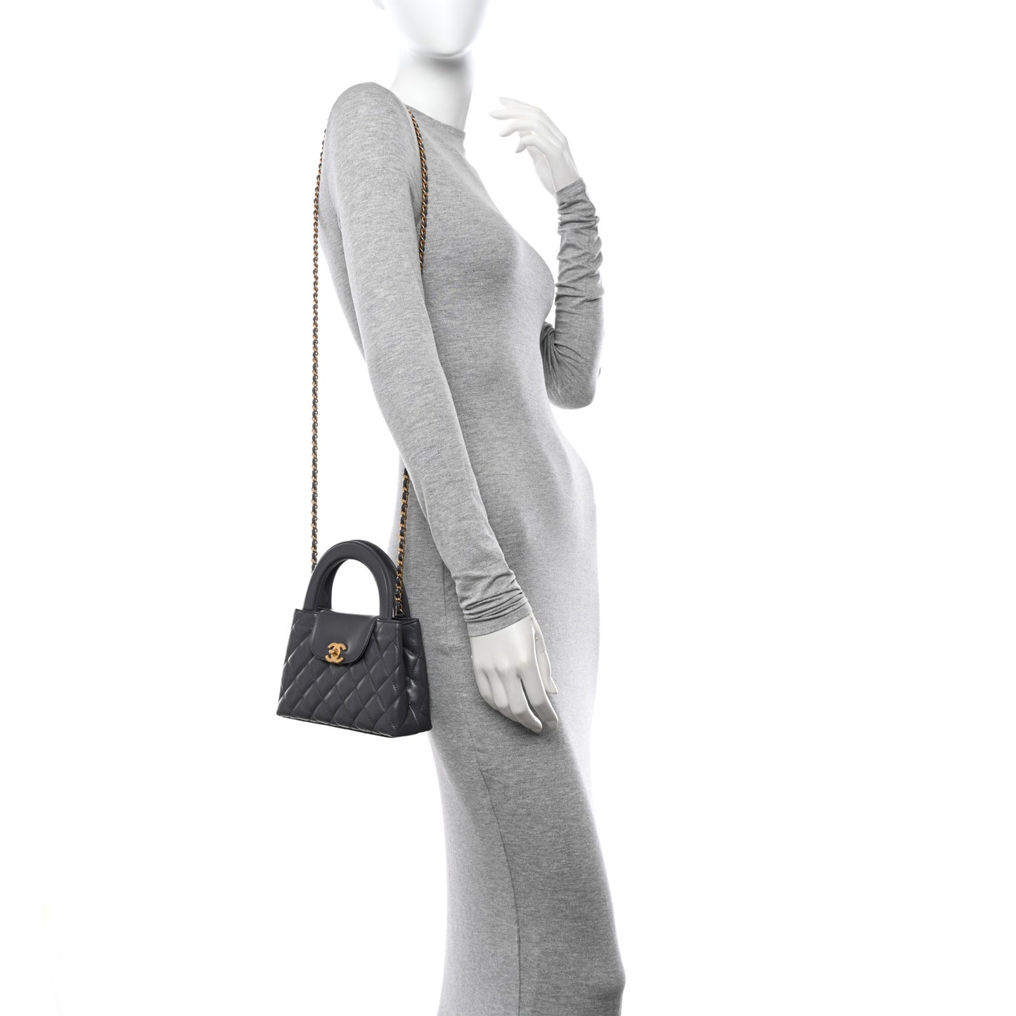 Shiny Aged Calfskin Quilted Nano Kelly Shopper Grey
