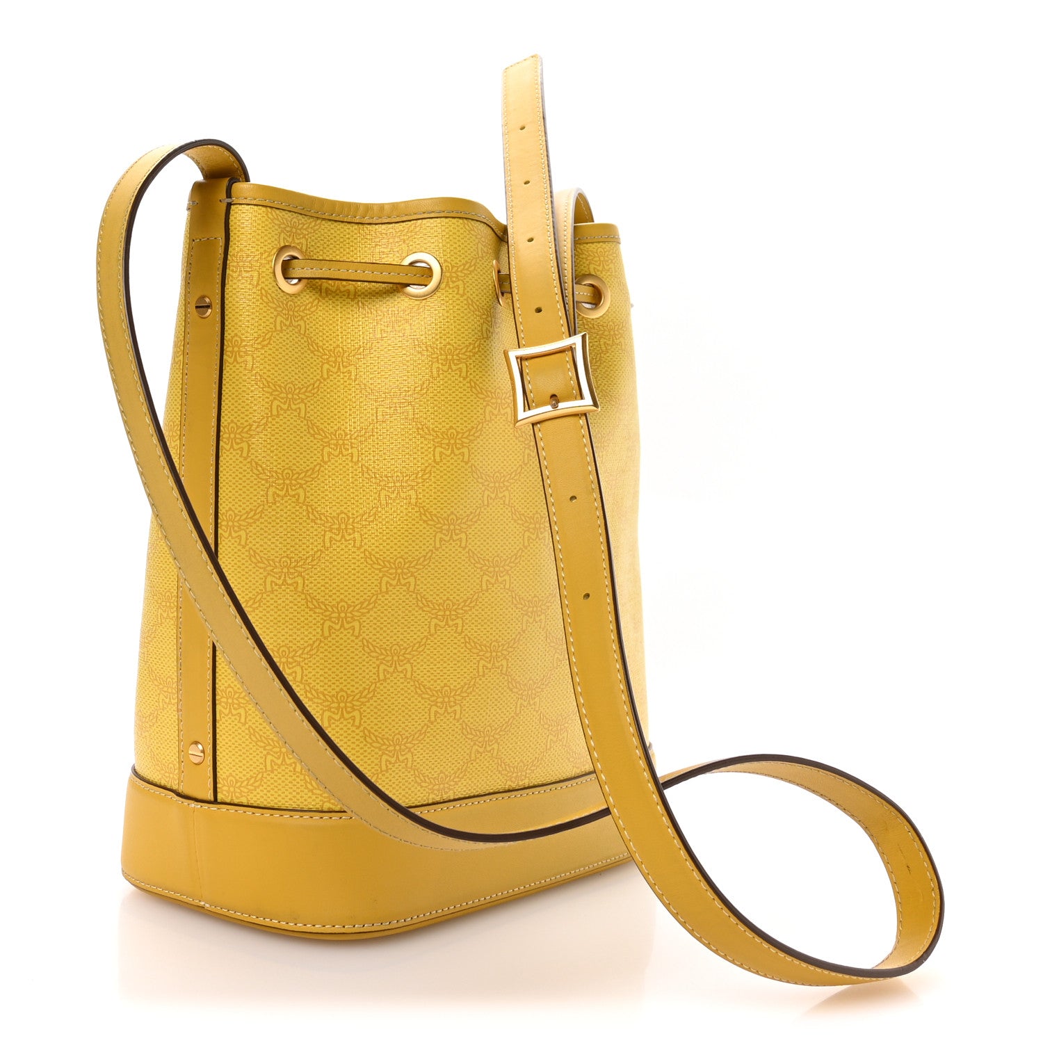 MCM Lauretos Spanish Calfskin Medium Himmel Drawstring Bucket Bag Lemon Gold 4 of 10