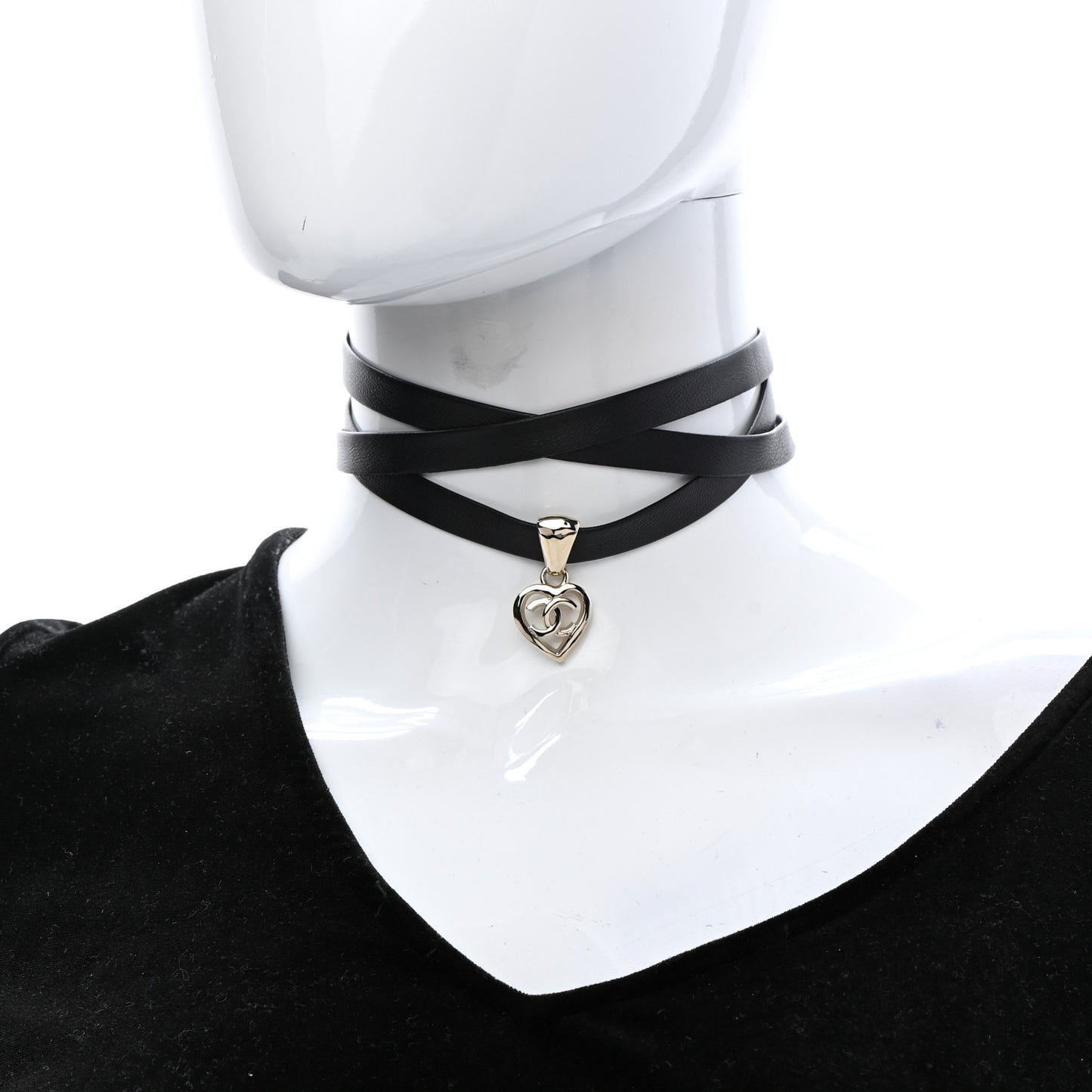 Metal Lambskin CC Heart Choker Necklace Black Silver