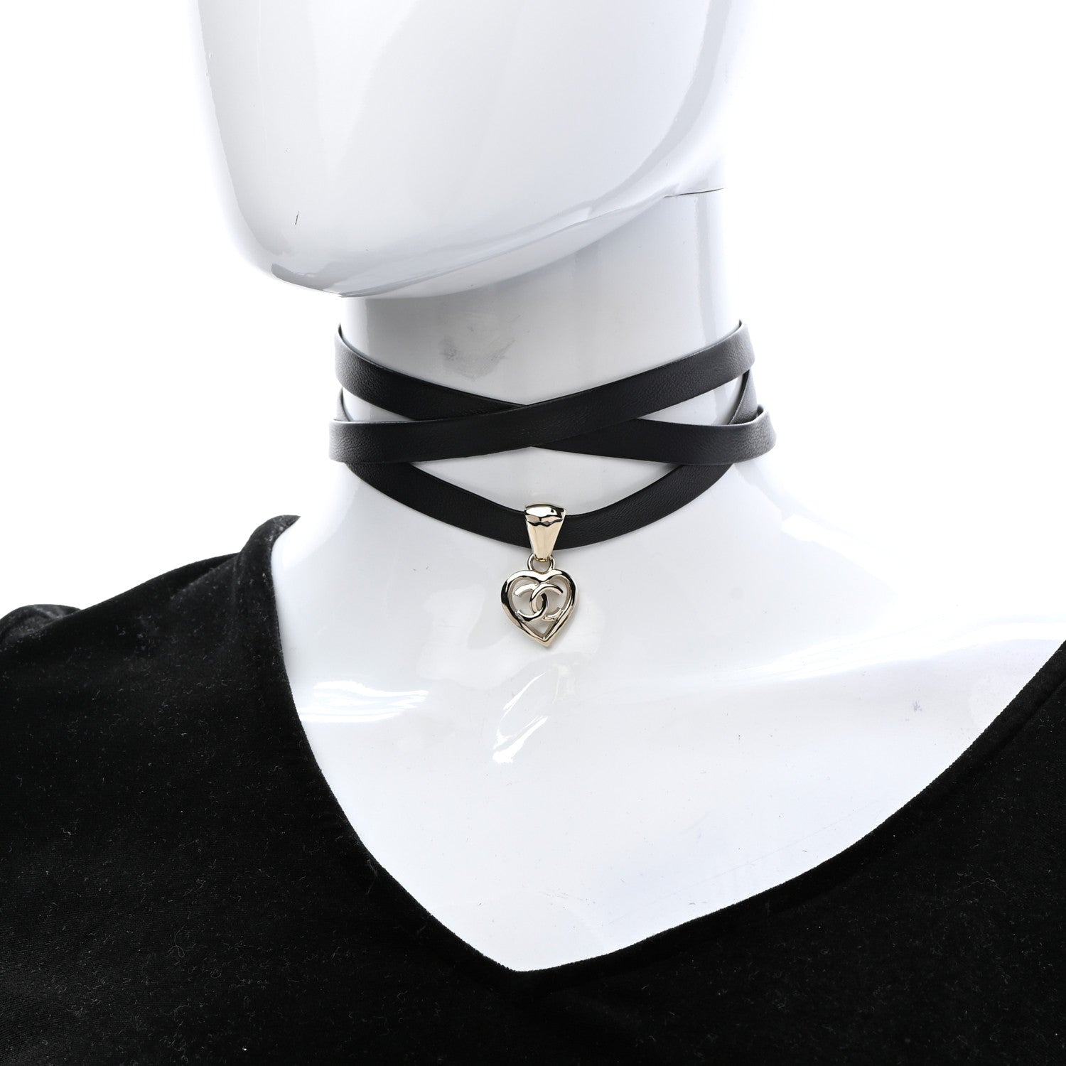 Chanel Metal Lambskin CC Heart Choker Necklace Black Silver 2 of 5