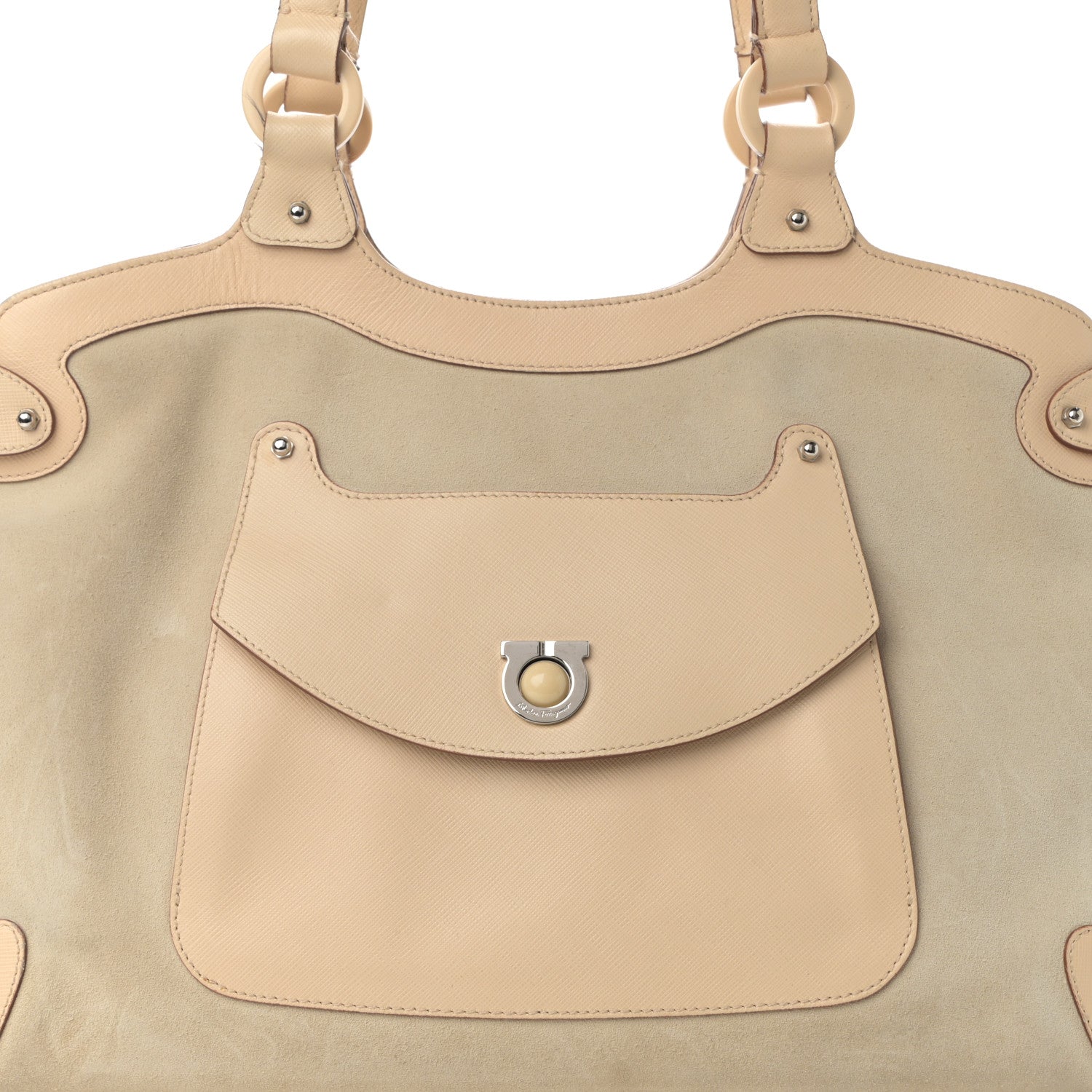 Salvatore Ferragamo Suede Hammered Calfskin Gancini Satchel Beige 7 of 16