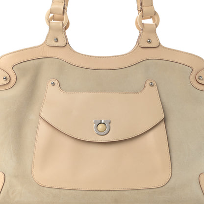 Salvatore Ferragamo Suede Hammered Calfskin Gancini Satchel Beige 7 of 16